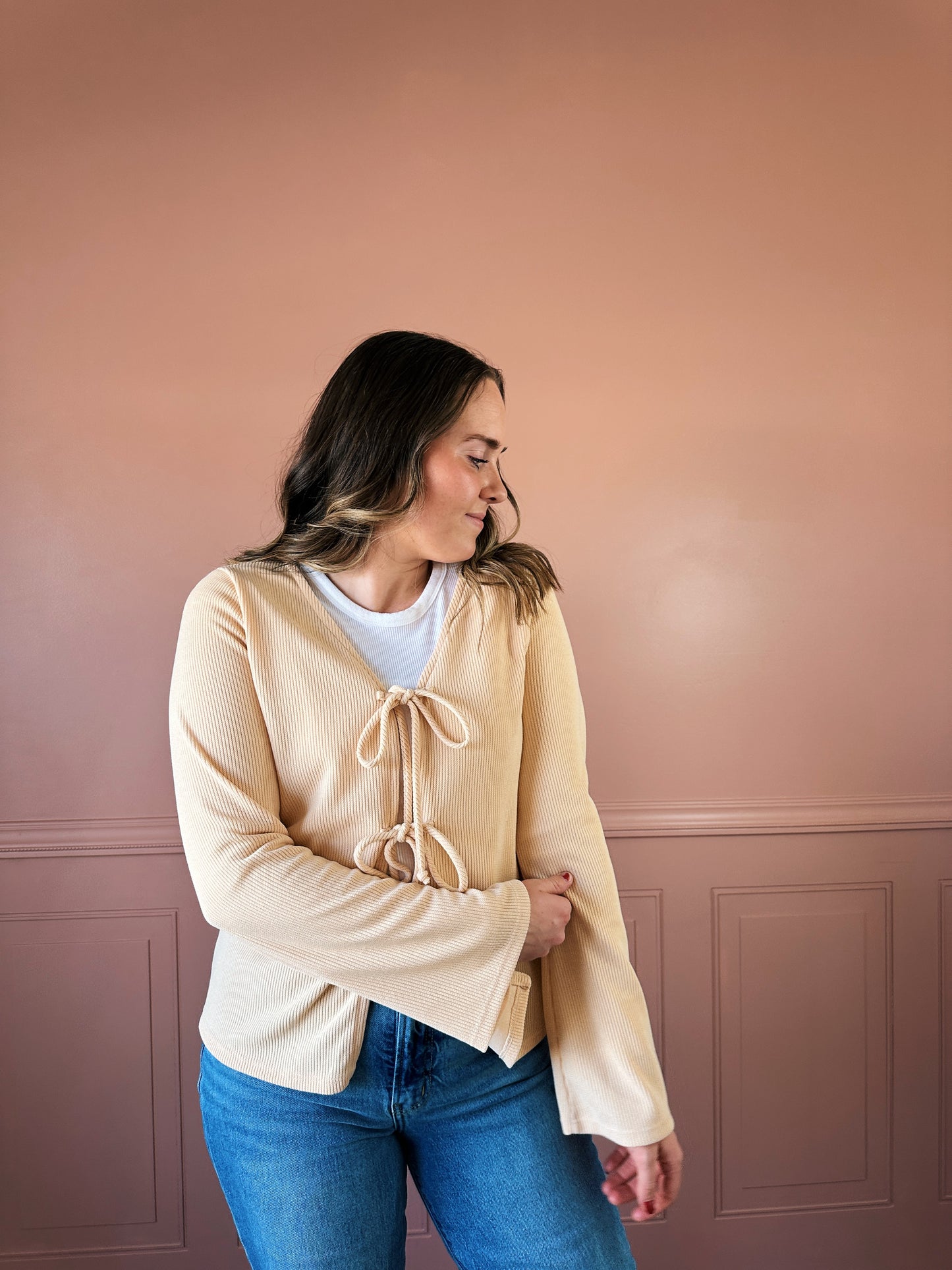 Kenzie Knit Tie Sweater- Taupe