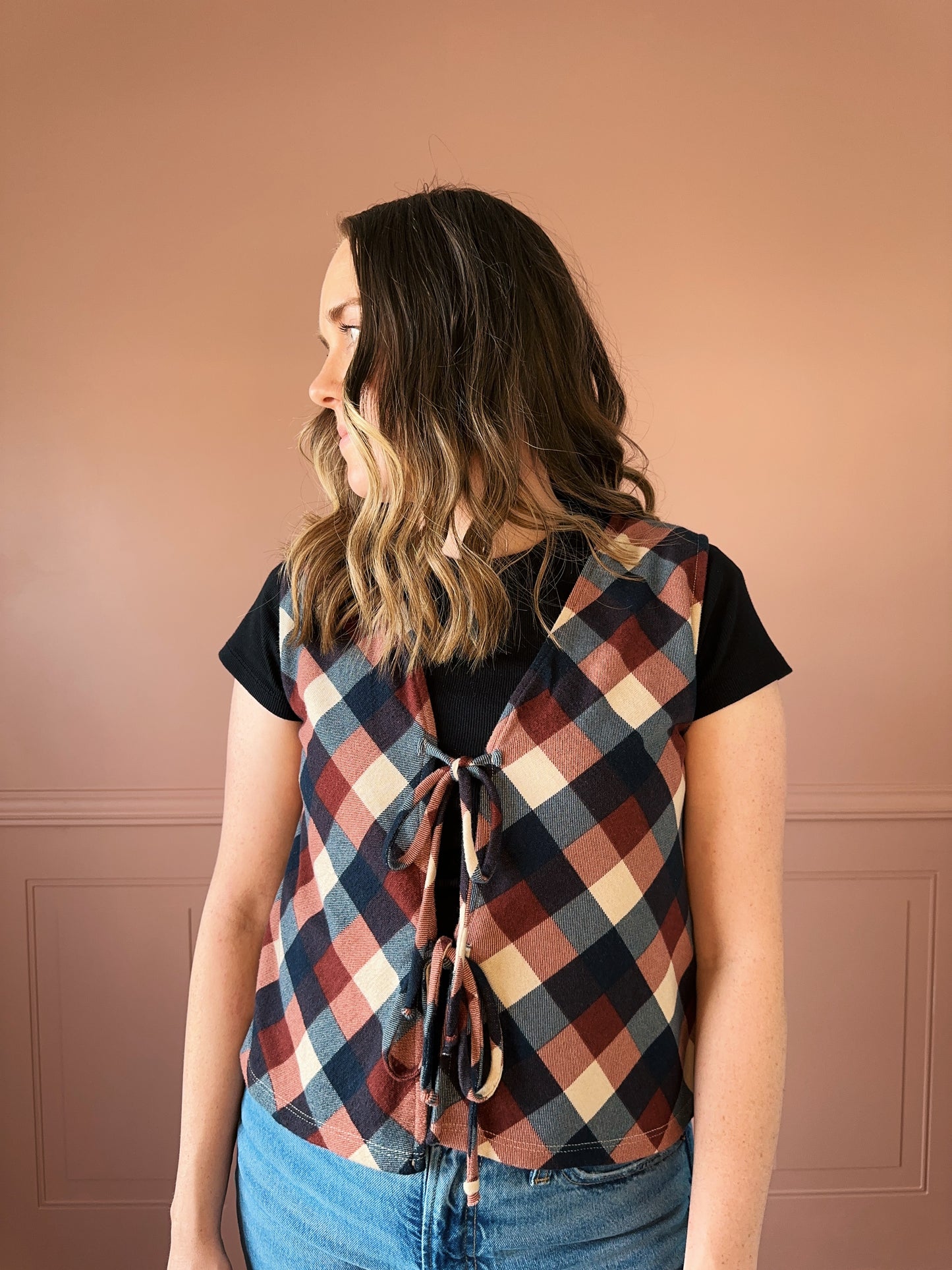 In Check- front tie vest